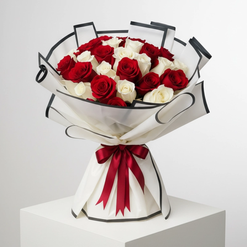 Premium 50 Red & White Rose Bouquet by online flower shop UAE